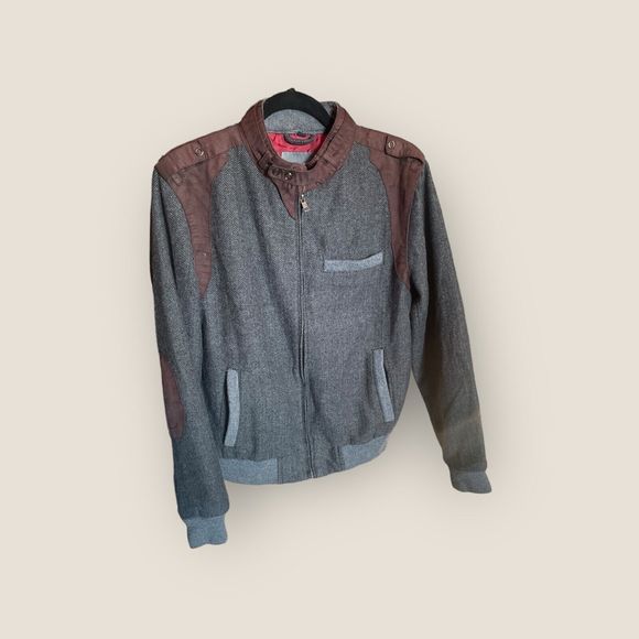Slate & Stone Poly Wool Blend Jacket Gray Herringbone W/Brown Accents Mens Small - Picture 3 of 16